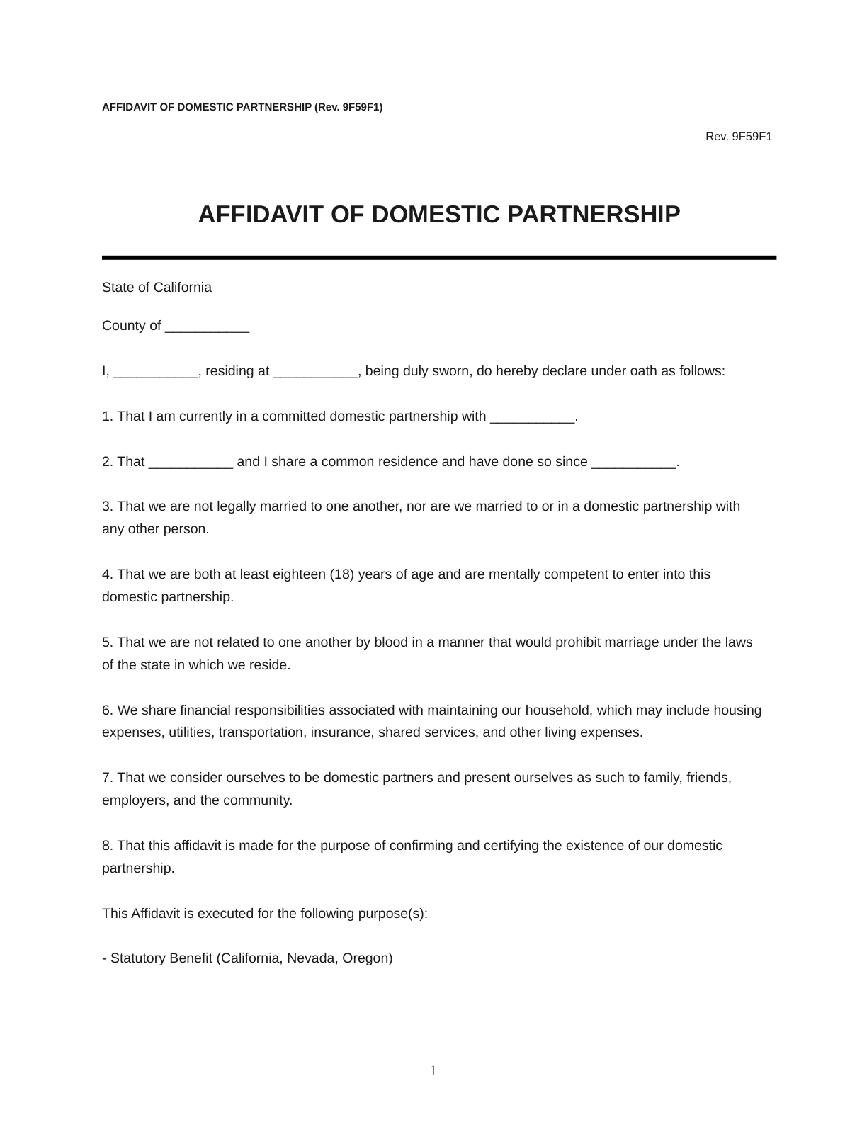 Affidavit of Domestic Partnership