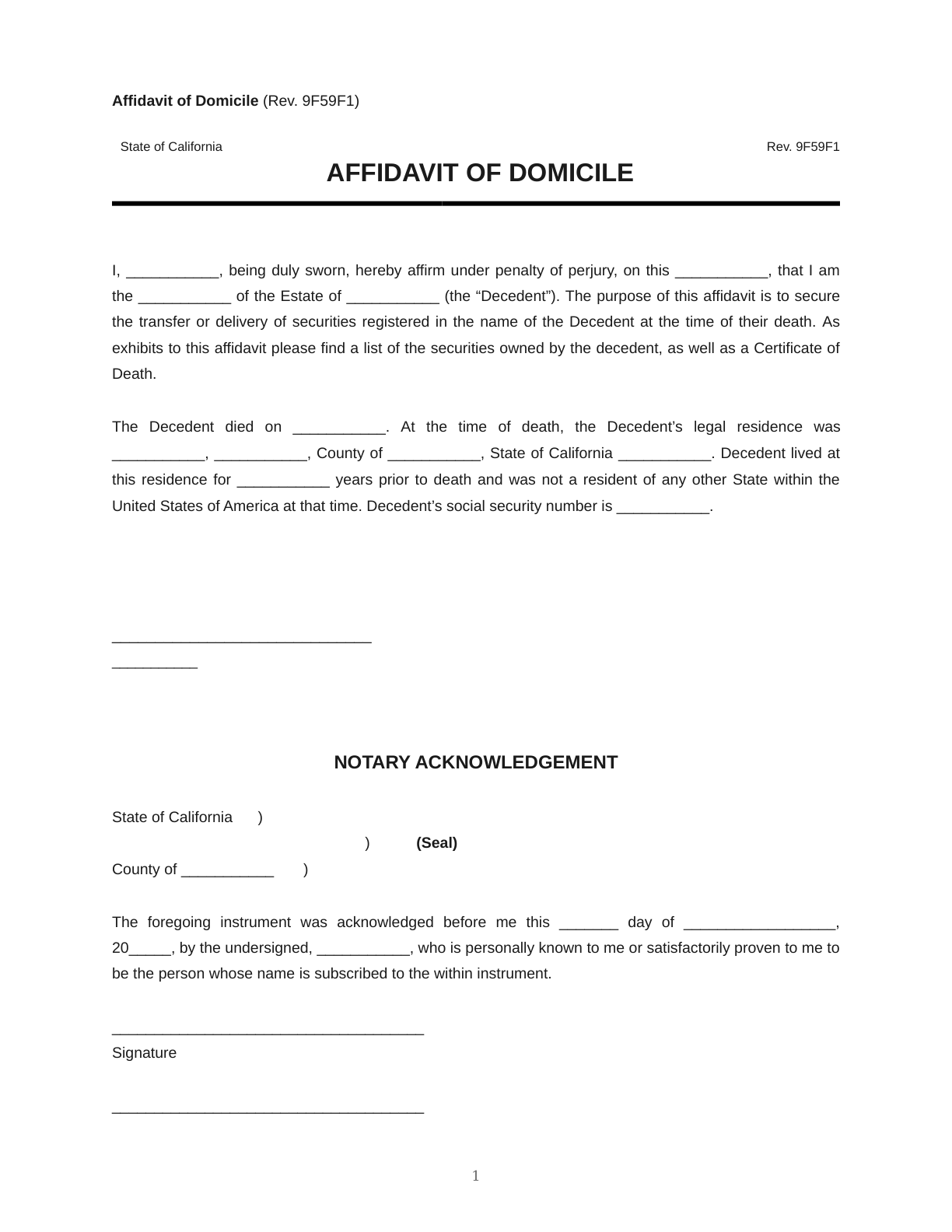 Affidavit of Domicile