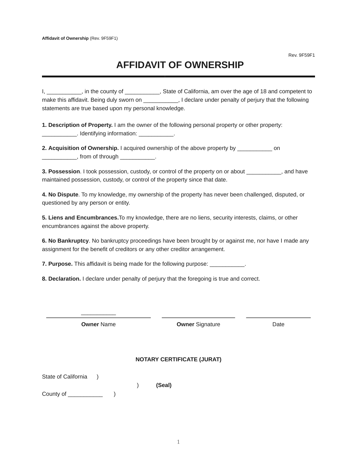 Affidavit of Ownership